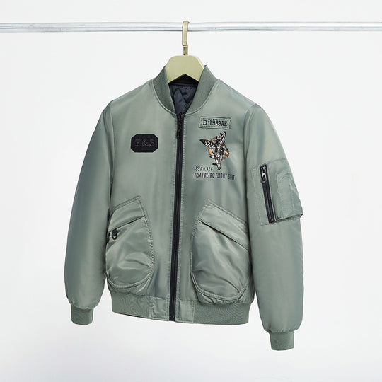 Men's  padded pilot-style bomber jacket with embroidered jet motif and dual angled front cargo pockets EB