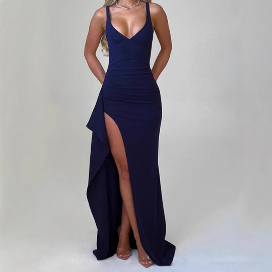 Damen Elegantes Maxikleid mit seitlichem Schlitz und verführerischem V-Ausschnitt EB
