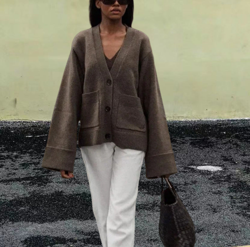 Damen Lässiger Strickjacke mit großen Taschen und offenem Schnitt EB