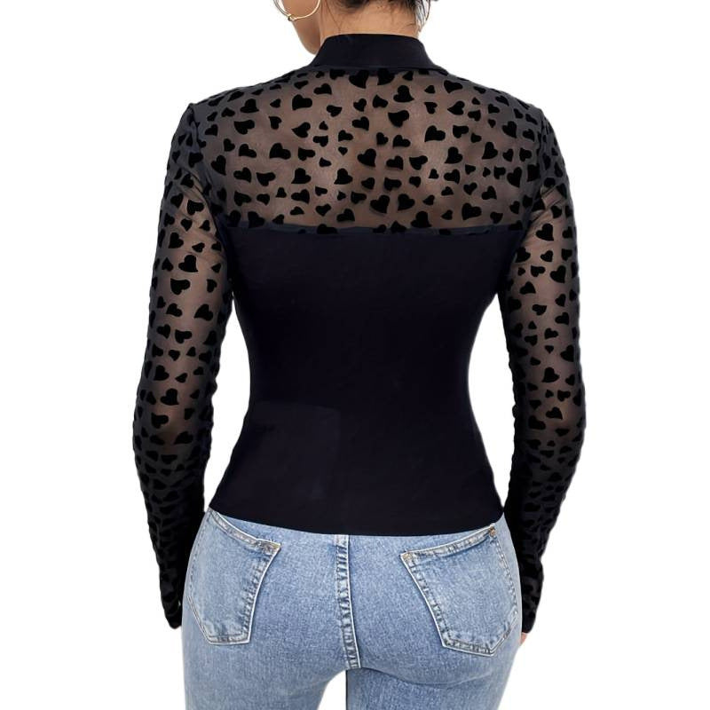 Damen Langarm-Body mit transparenten Herzen und elegantem Stehkragen EB