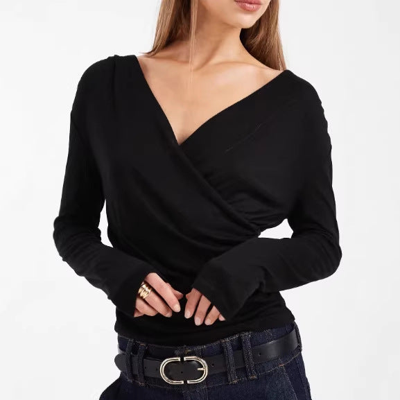 Damen Figurbetontes Wickelshirt mit V-Ausschnitt und Raffung EB