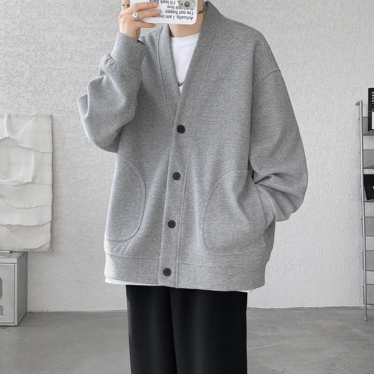 Herren nan oversized Strickcardigan mit V-Ausschnitt, aufgesetzten Rundtaschen und lässiger Drop-Shoulder-Silhouette EB