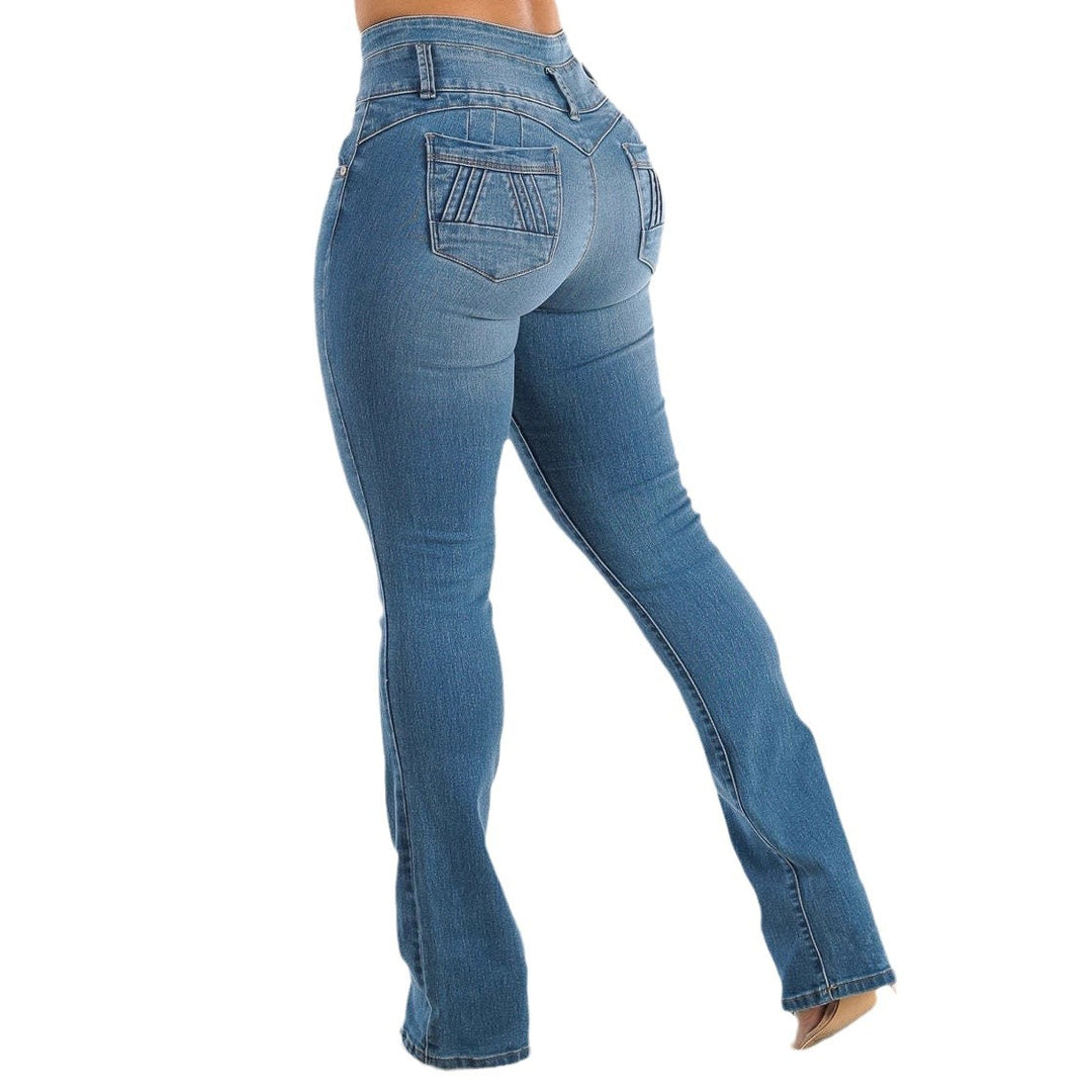 Damen Hochtaillierte Skinny Jeans mit dekorativen Knopfdetails und elastischem Bund EB