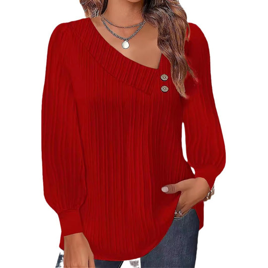 Damen Plissee-Bluse mit asymmetrischem Ausschnitt und Knopf-Details EB