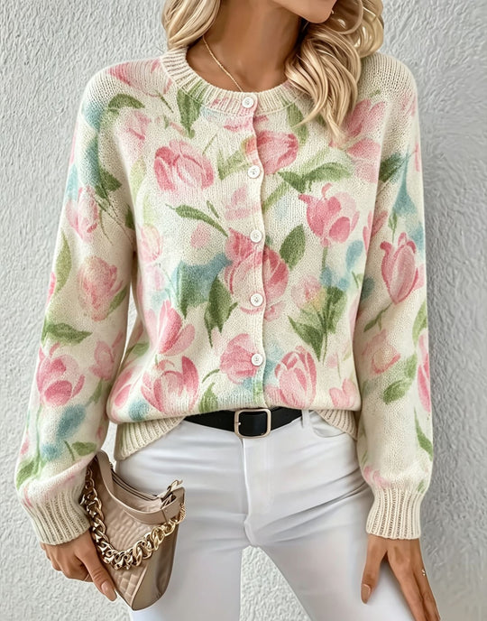Damen Leichter Jacquard‑Strickcardigan mit Leo‑Print, Rundhalsausschnitt und Knopfleiste EB