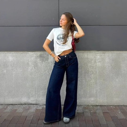 Damen nan ultraweite bodenlange Denim-Palazzohose mit cleanem Taschen-Schnitt und leichter Stretchwirkung EB