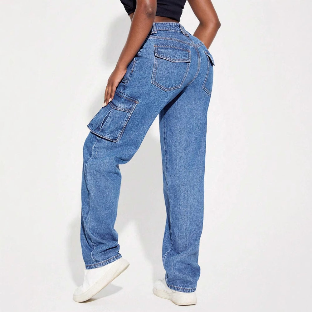 Damen Vintage Cargo Jeans mit elastischem Bund und seitlichen Taschen EB
