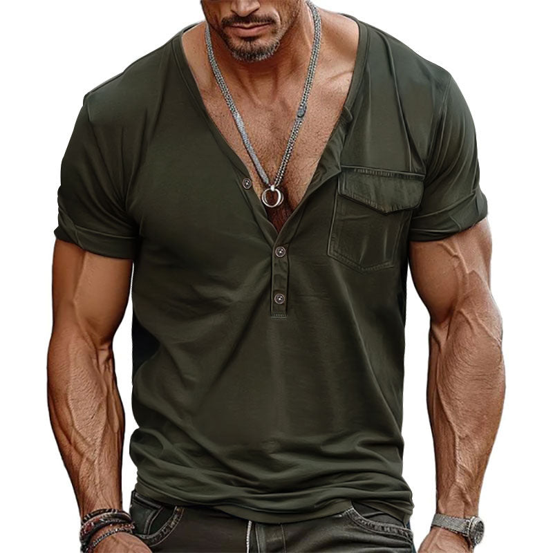 Herren Kurzarm-Henley-T-Shirt mit dekorativer Brusttasche und modernem Schnitt EB