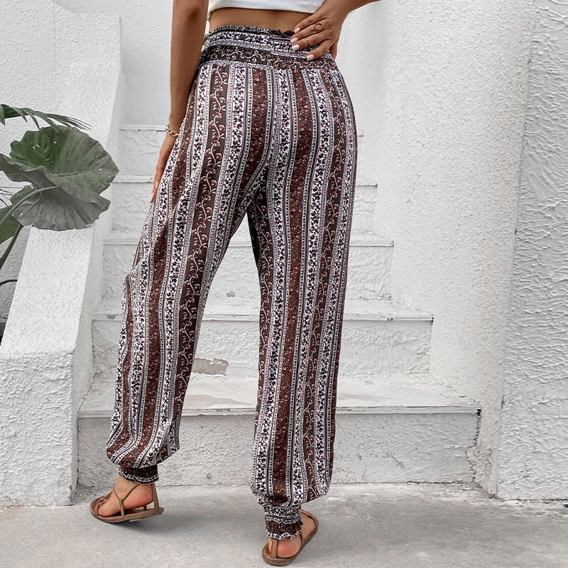 Damen Freizeithose im Bohemian-Stil mit elastischem Bund und Blumenmuster EB
