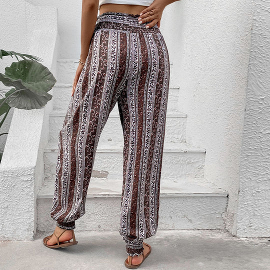 Damen Freizeithose im Bohemian-Stil mit elastischem Bund und Blumenmuster EB