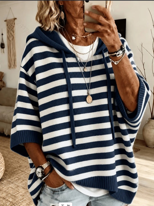 Damen nan Oversize Strickponcho mit Kapuze und kurzen Ärmeln EB