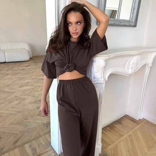Damen lockeres Lounge-Set mit Knoten-Details und elastischer Taille EB