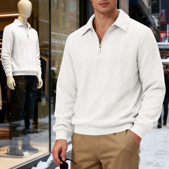 Herren nan strukturierter Strickpullover mit halbem Reißverschluss, Polokragen und Zopfmuster EB