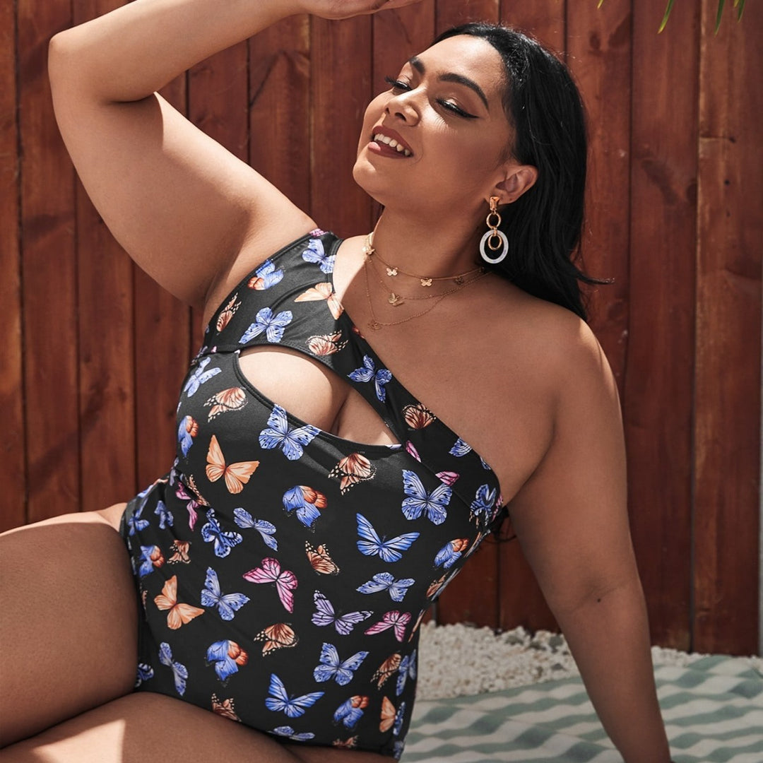 Damen Einseitiger Cut-Out Badeanzug mit floralen Schmetterlingsmotiven EB