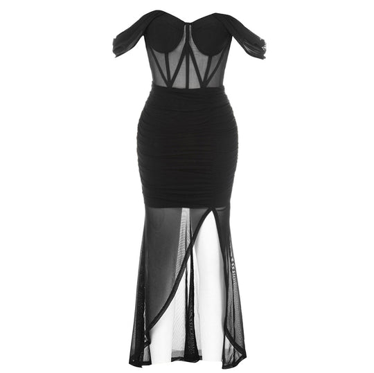 Damen Maxikleid mit Transparenz und figurbetonter Raffung EB