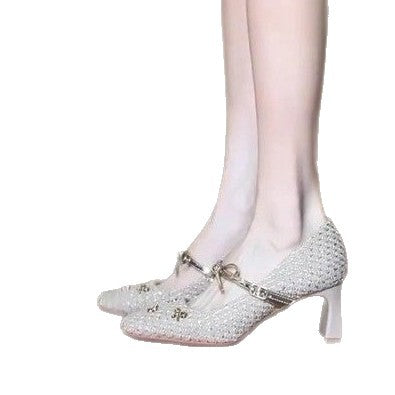 Damen elegante Ballerinas mit dekorativem Schleifenakzent und modischem Perlenbesatz EB