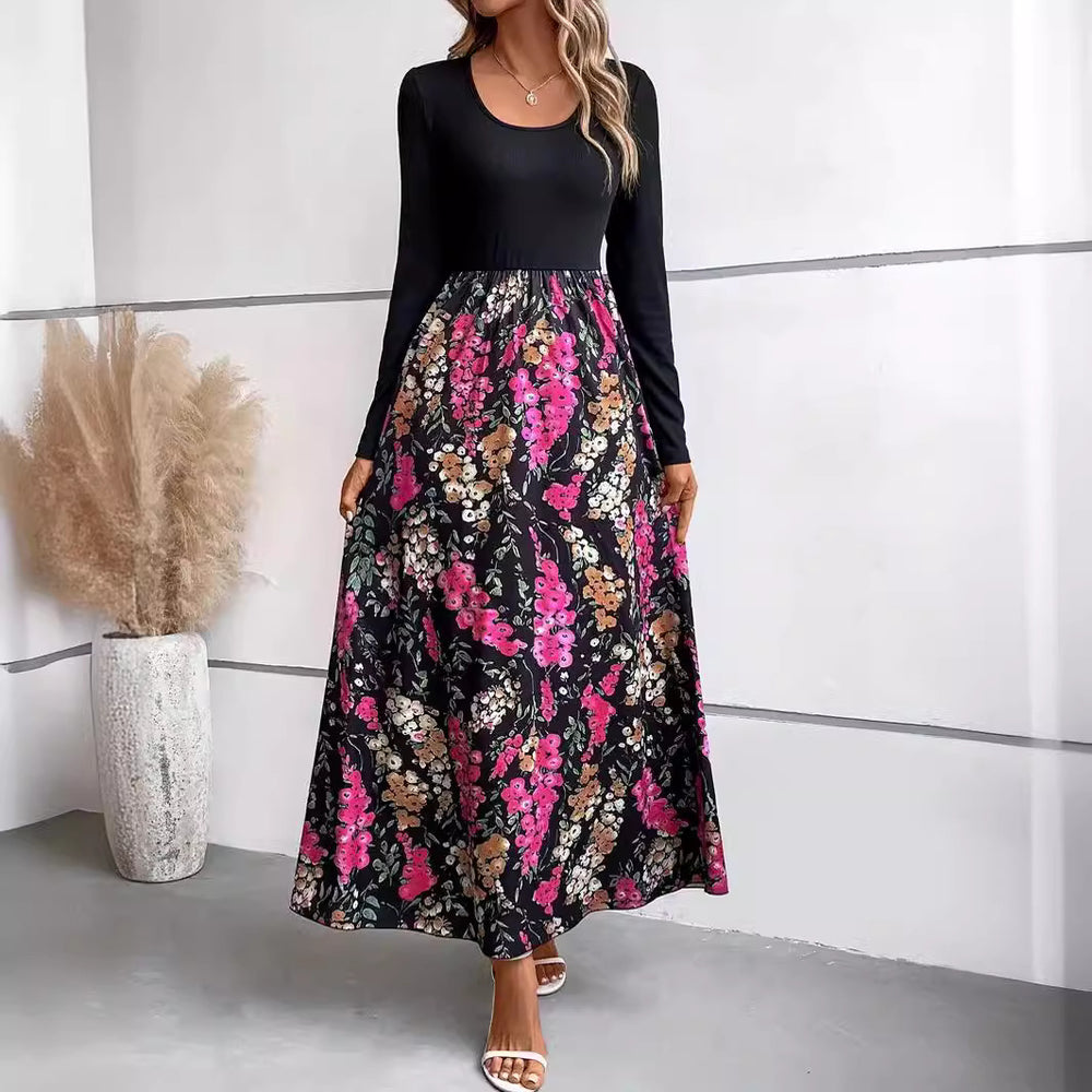 Damen Maxikleid mit floralem Print und langen Ärmeln EB