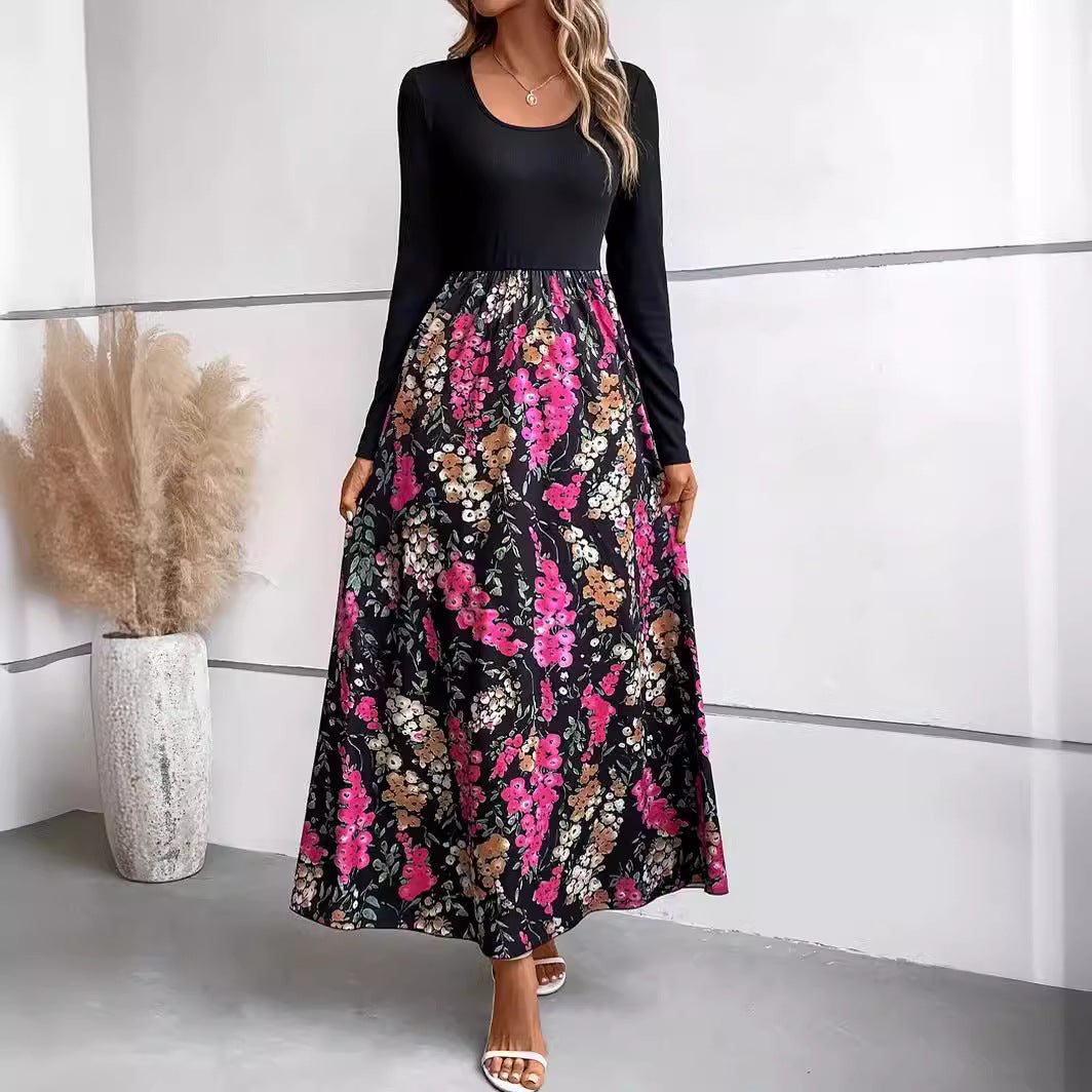 Damen Maxikleid mit floralem Print und langen Ärmeln EB