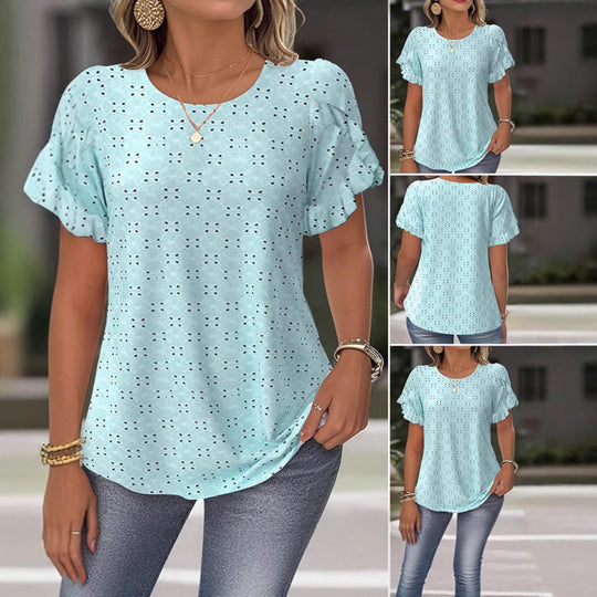 Damen Blusenshirt mit dekorativen Rüschendetails und feinem Lochmuster Heidi-Mode