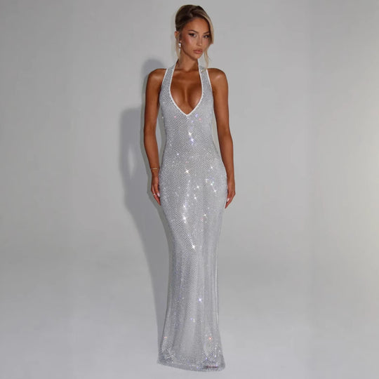 Damen Glitzerndes Abendkleid mit tiefem V-Ausschnitt und figurbetontem Schnitt EB