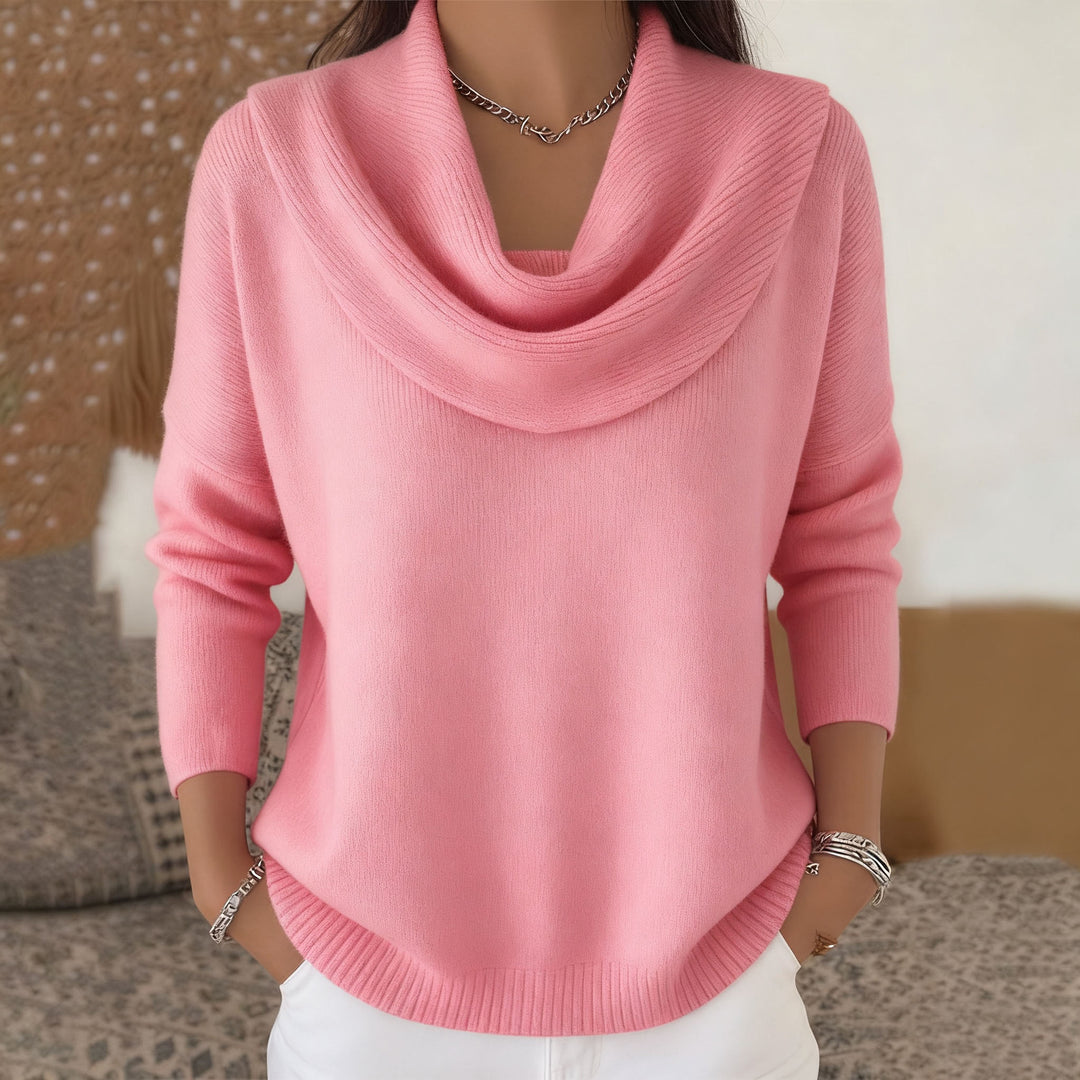 Damen nan schimmernder Strickpullover mit Wasserfallkragen, feiner Glitzerstruktur und schmalem Saum EB