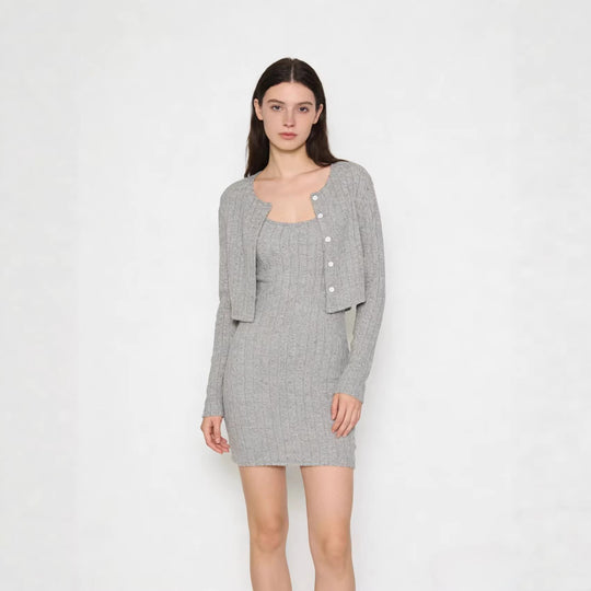 Damen Geripptes Strick-Kleid mit passendem Kurzcardigan EB