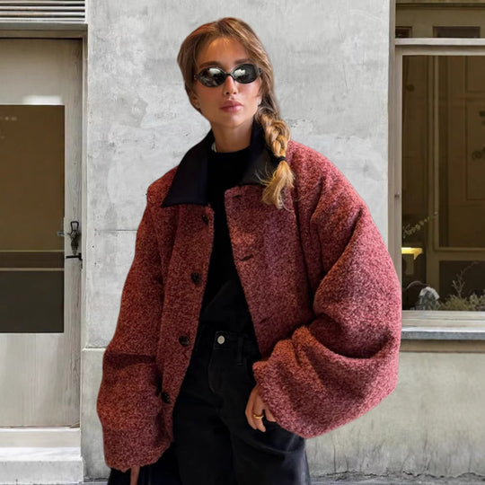 Damen kuschelige Oversize-Jacke mit großem Kragen EB