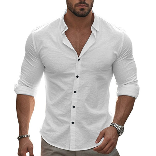 Herren nan tailliertes Stretch-Hemd mit Stehkragen, Slim-Fit und aufgerollten Ärmeln EB