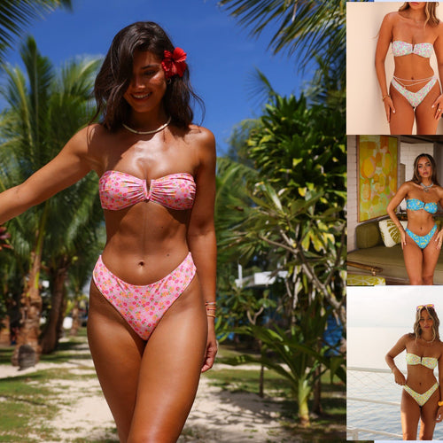 Damen Bandeau-Bikini mit floralem Design und elegantem Verschluss EB