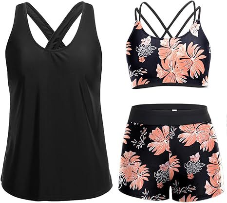Damen Sportliches Tankini-Set mit floralem Oberteil und Shorts EB