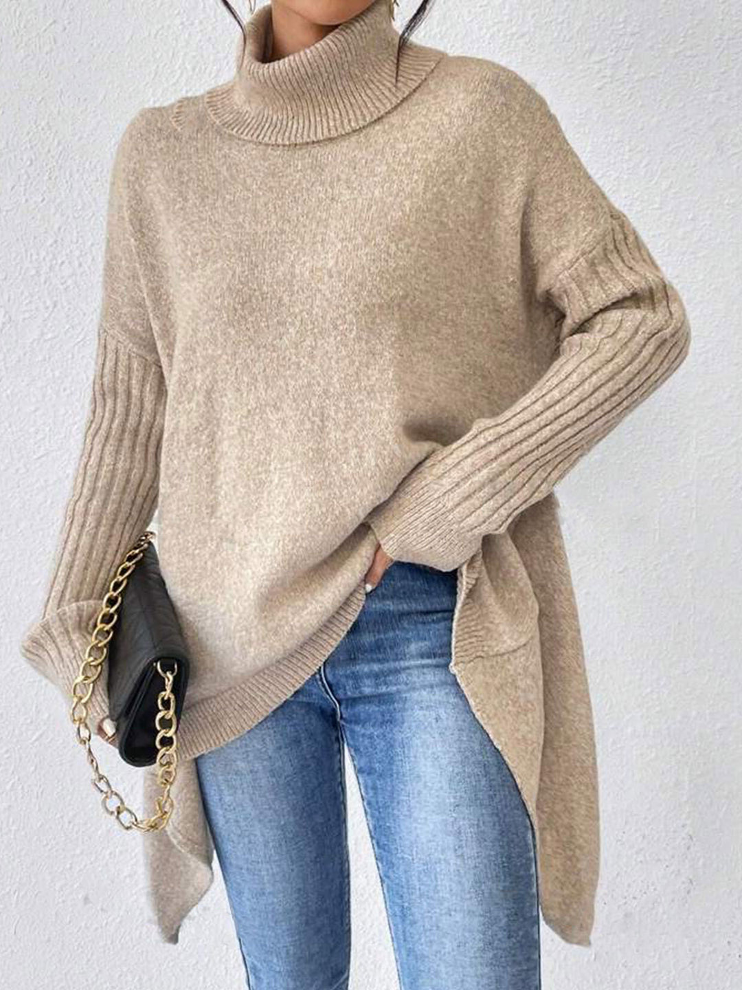 Damen lässiger Pullover mit Stehkragen und asymmetrischem Schnitt EB