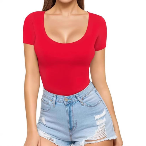 Damen figurbetontes Kurzarm-Body mit rundem Ausschnitt und nahtlosem Design EB