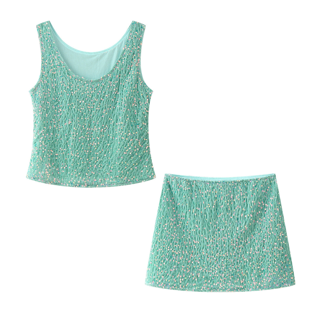 Damen Set aus funkelndem Spaghettiträger Top und schwingendem Rock mit elastischem Bund EB
