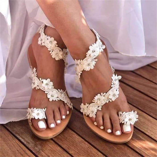 Damen Glamouröse und elegante Zehentrenner-Sandalen mit Perlenschmuck EB