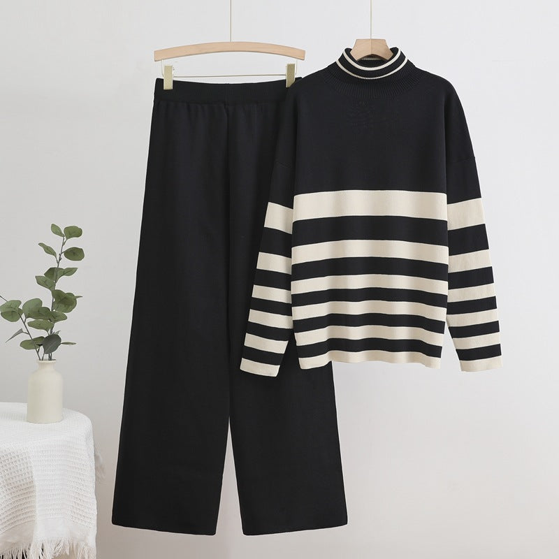 Damen Komfortables Strick-Loungewear-Set mit hohem Kragen und breiten Streifen EB