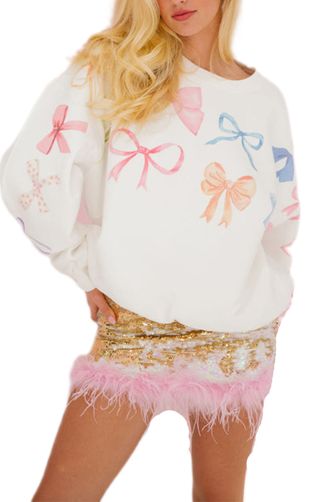Damen lässiger Sweatshirt mit bunten Schleifenmotiven EB