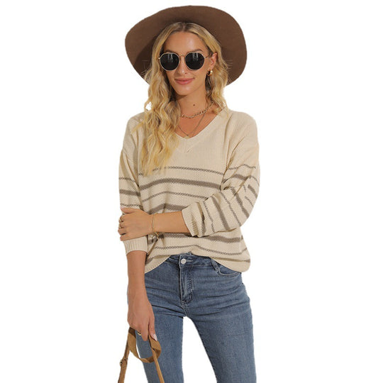 Damen lässiger Pullover mit modernem Streifenmuster und V-Ausschnitt EB