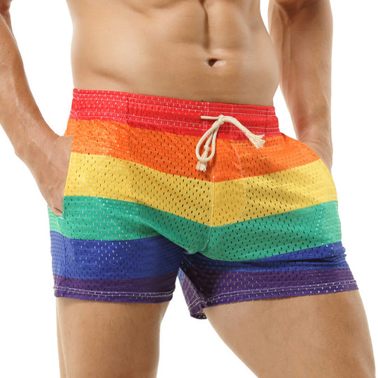 Herren Badeshorts mit atmungsaktivem Netzmaterial und buntem Regenbogenmuster EB