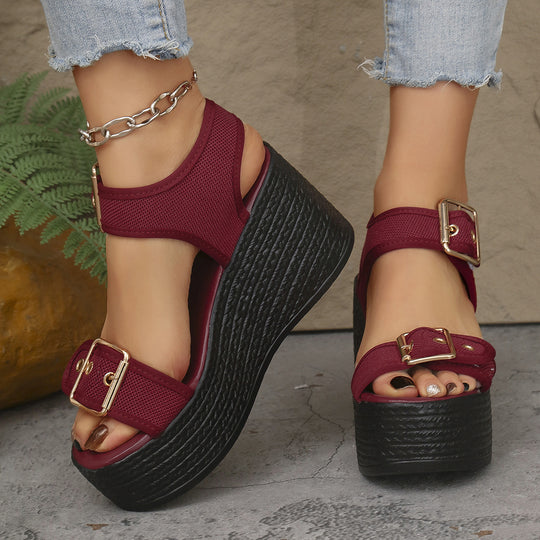 Damen nan Espadrille-Plateau-Sandalette mit textilen Riemen, großen Metallschnallen und gepolstertem Komfortfußbett EB