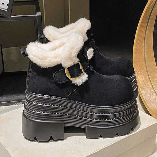 Damen Flauschige Plateau Stiefeletten mit modischer Schnalle EB