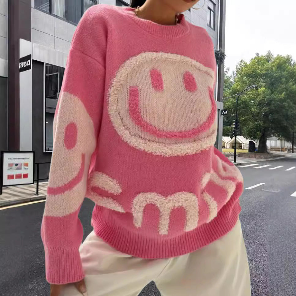Damen Strickpullover mit fröhlichem Emoji-Motiv und komfortablem Schnitt EB