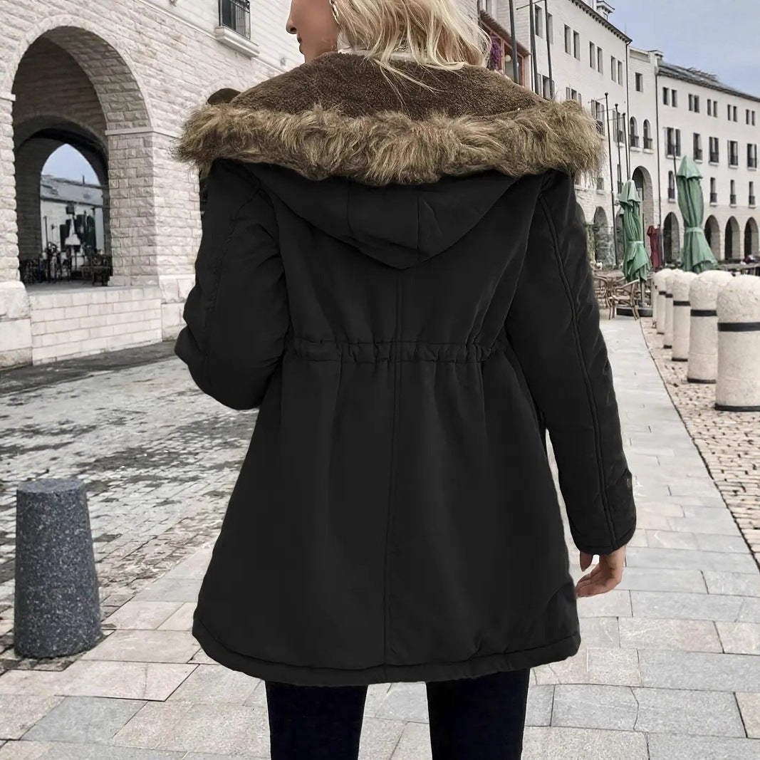 Damen taillierter Parka mit Teddyfutter, Kunstfellkapuze und Multifunktions-Taschen EB