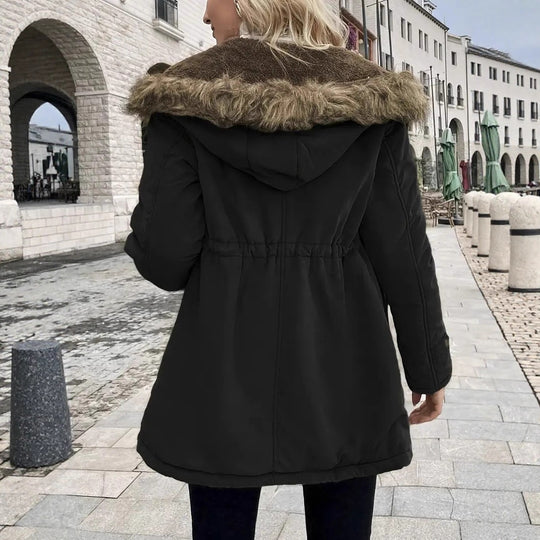 Damen taillierter Parka mit Teddyfutter, Kunstfellkapuze und Multifunktions-Taschen EB