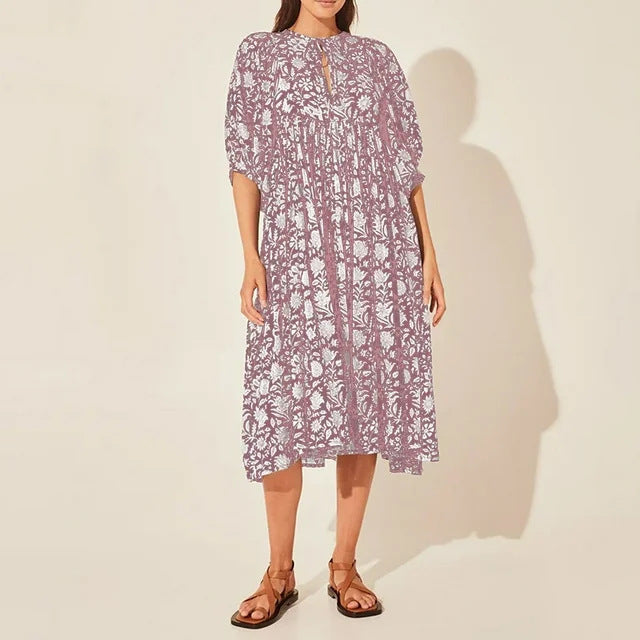 Damen lässiges Midikleid mit floralem Design und elastischem Taillenbund EB