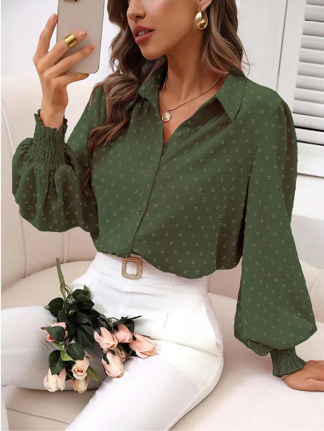 Damen Cropped-Bluse mit Struktur, Puffärmeln und Smokbündchen EB