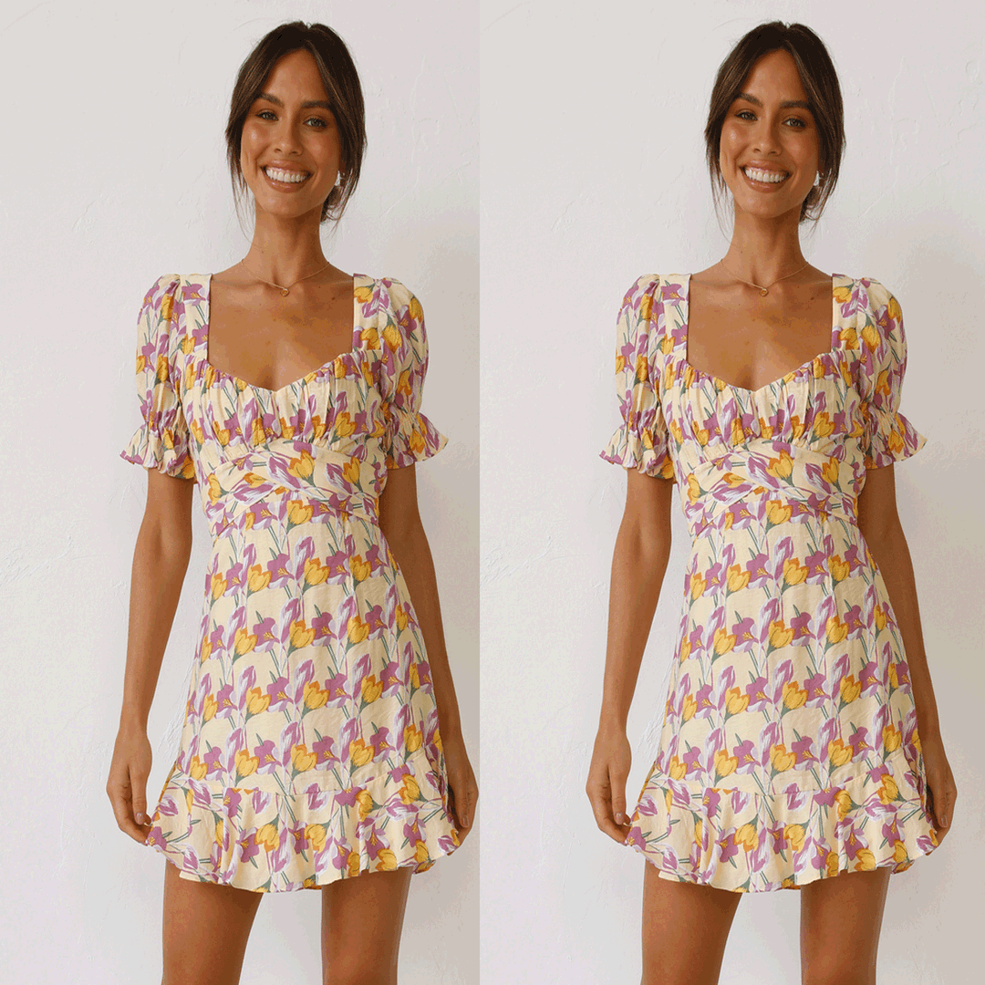 Damen Minikleid mit voluminösen Ärmeln und verspieltem Rüschensaum EB