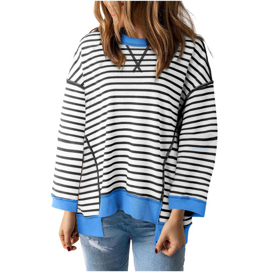 Damen nan oversized gestreifter Sweatshirtpullover mit kontrastsaum, überschnittener Schulter und seitlichen Schlitzen EB