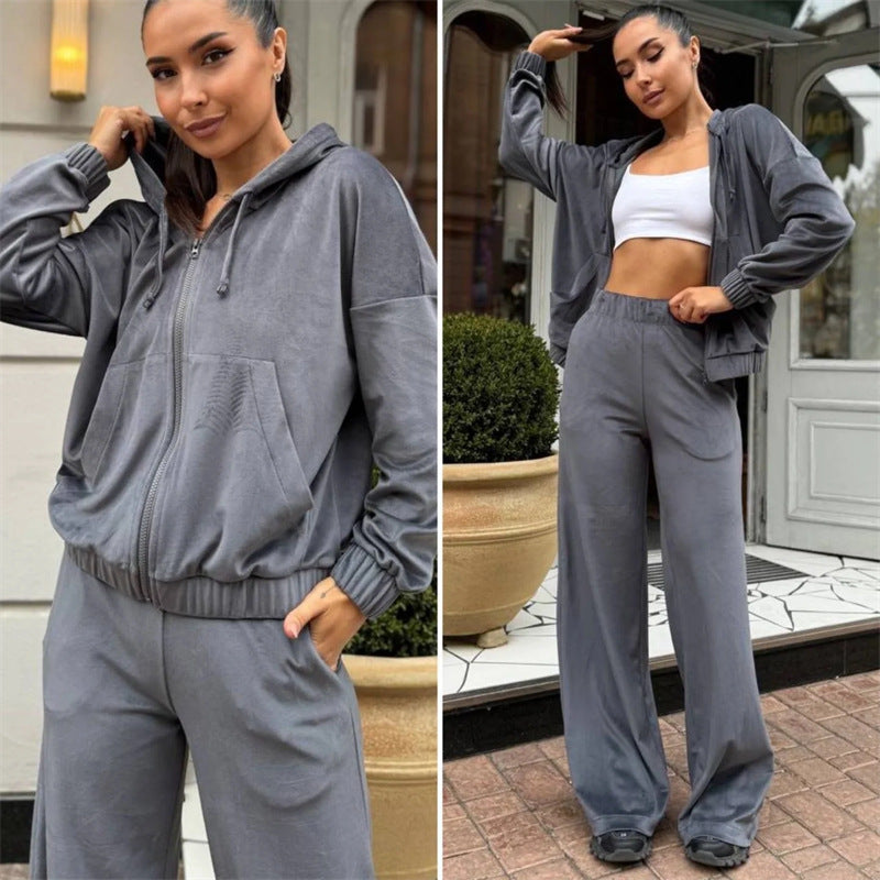 Damen Velours-Zip-Kapuzenjacke mit Marlene-Jogginghose Lounge-Set EB