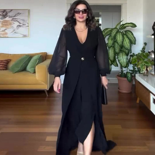 Damen Maxi-Kleid mit durchsichtigen Ärmeln und elegantem Schnitt Heidi-Mode