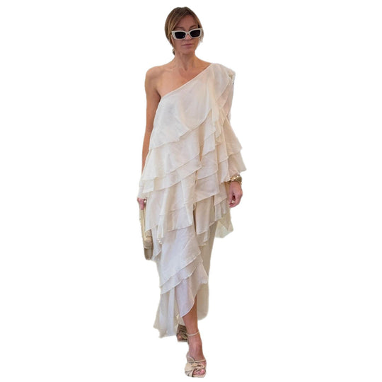 Damen Maxikleid mit mehrlagigem Rüschendesign und asymmetrischem Saum EB
